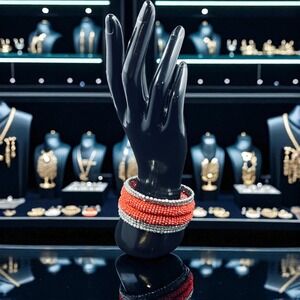 Boho Red Beaded Cuff Bracelet Wide Tribal Bangle Silver Tone Seed Beads Stack